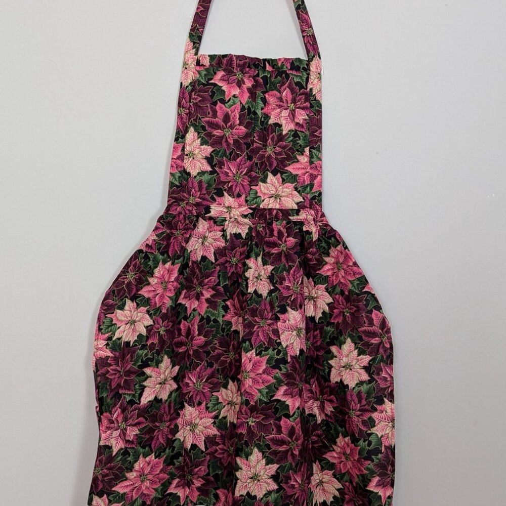 Vintage 1980s Child's Apron Pink Purple Poinsettias Quilted Front All Cotton USA